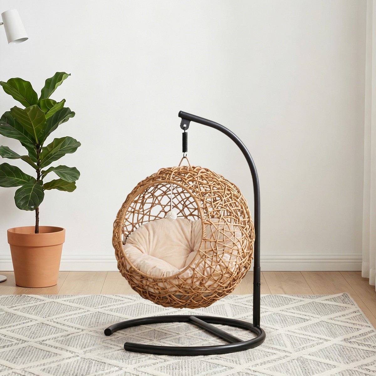 Σπήλαιο γάτας rattan κρεβάτι με μαξιλάρι που πλένεται και μπάλα, για γάτες έως 10 κιλά, 45 x 41 x 75 cm, ανοιχτό καφέ
