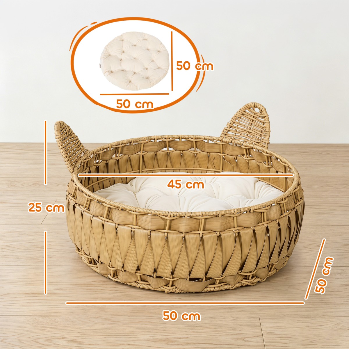 Σπήλαιο γάτας rattan κρεβάτι γάτας με αφαιρούμενο μαξιλάρι, καλάθι γάτας για γάτες έως 10 κιλά, 50 x 50 x 25 cm, ανοιχτό καφέ