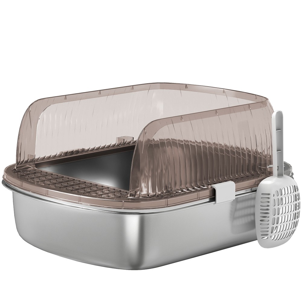 Κουτί άμμου γάτας από ανοξείδωτο ατσάλι, κουτί απορριμάτων γάτας με ψηλό χείλος, μπανιέρα, με σέσουλα, για μεγάλες γάτες, 53x42x27 cm, γκρι ανθρακί