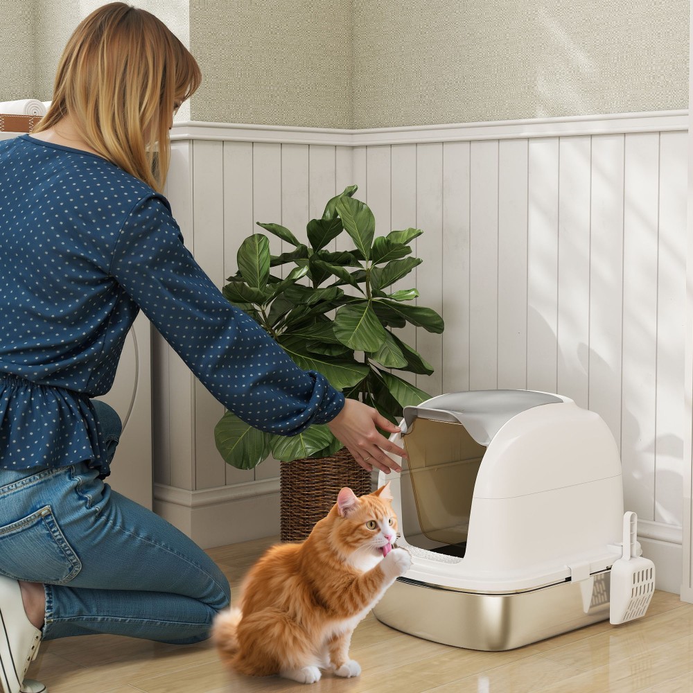 Ανοξείδωτο κουτί άμμου για γάτες με καπάκι, τουαλέτα γάτας με δίσκο, σέσουλα άμμου, για γάτες κάτω των 5 κιλών, 52,4 x 41,3 x 42 cm, λευκό