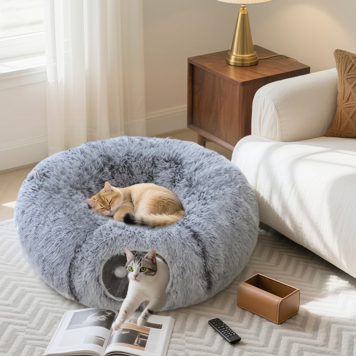 Cat Tunnel Λούτρινο υφασμάτινο μαξιλάρι Πτυσσόμενο μεταλλικό πλαίσιο Cat Cave ανοιχτό γκρι