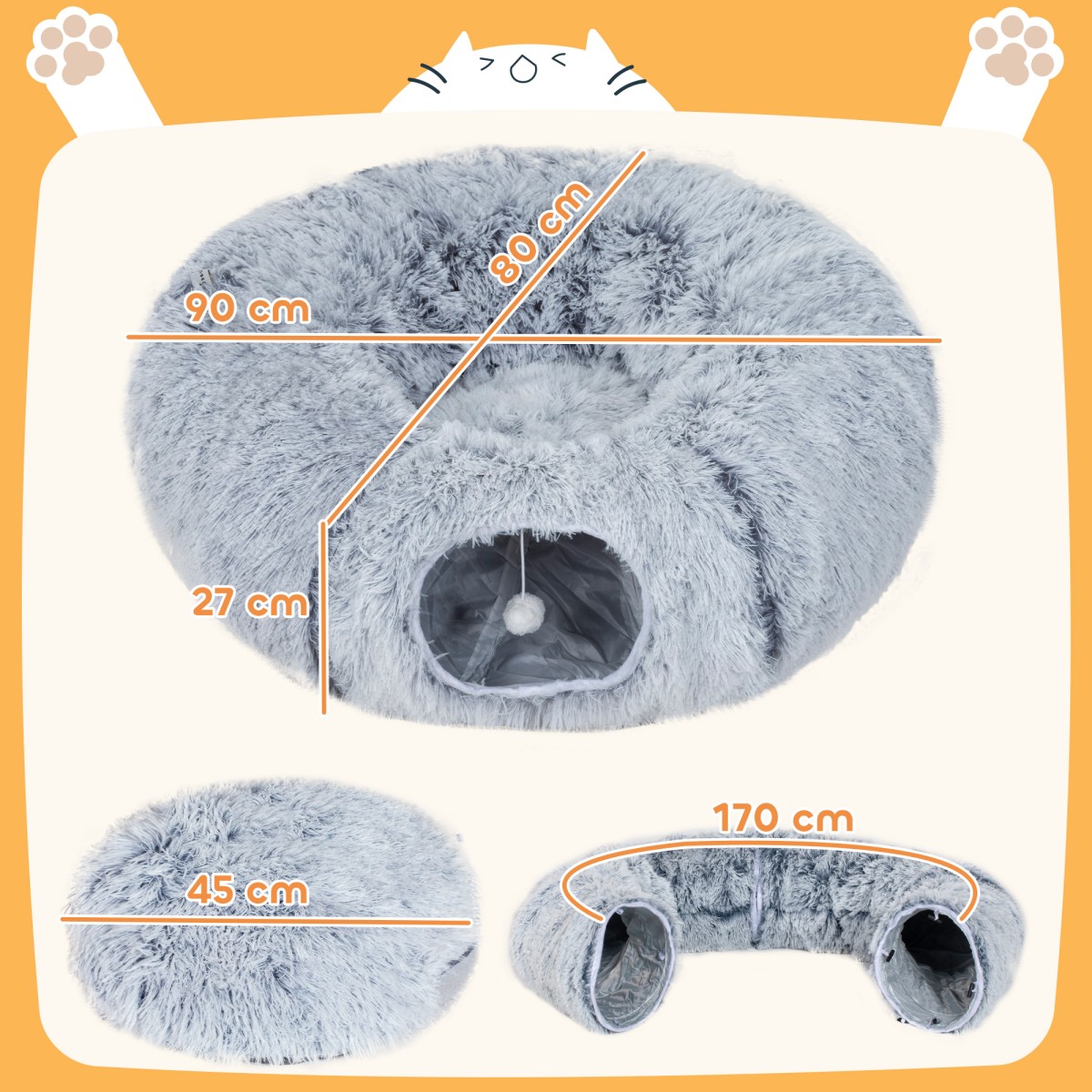 Cat Tunnel Λούτρινο υφασμάτινο μαξιλάρι Πτυσσόμενο μεταλλικό πλαίσιο Cat Cave ανοιχτό γκρι
