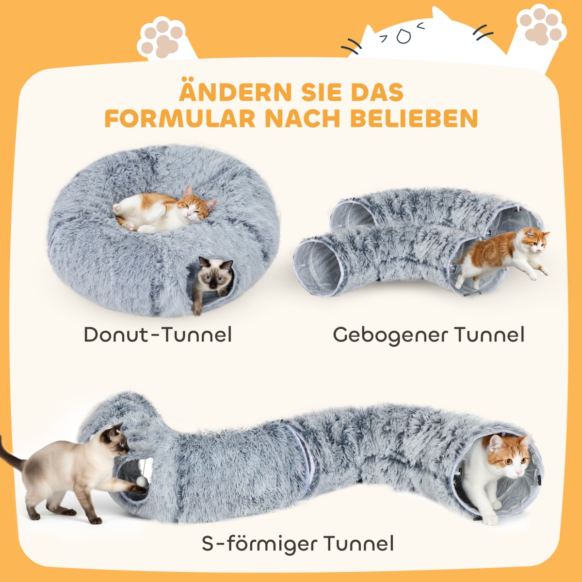 Cat Tunnel Λούτρινο υφασμάτινο μαξιλάρι Πτυσσόμενο μεταλλικό πλαίσιο Cat Cave ανοιχτό γκρι