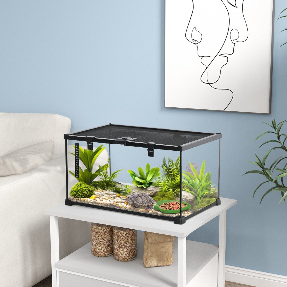 Reptile box terrarium, με θερμόμετρο λωρίδων, πτερύγια τροφοδοσίας, 50 cm x 30 cm x 25 cm, γυαλί + μέταλλο, μαύρο