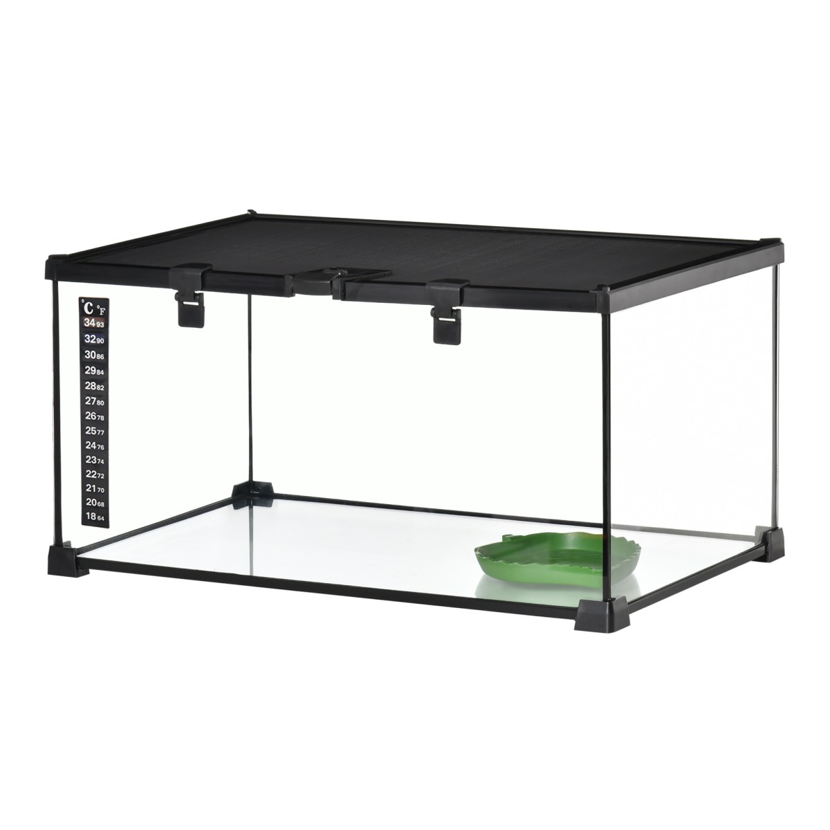 Reptile box terrarium, με θερμόμετρο λωρίδων, πτερύγια τροφοδοσίας, 50 cm x 30 cm x 25 cm, γυαλί + μέταλλο, μαύρο