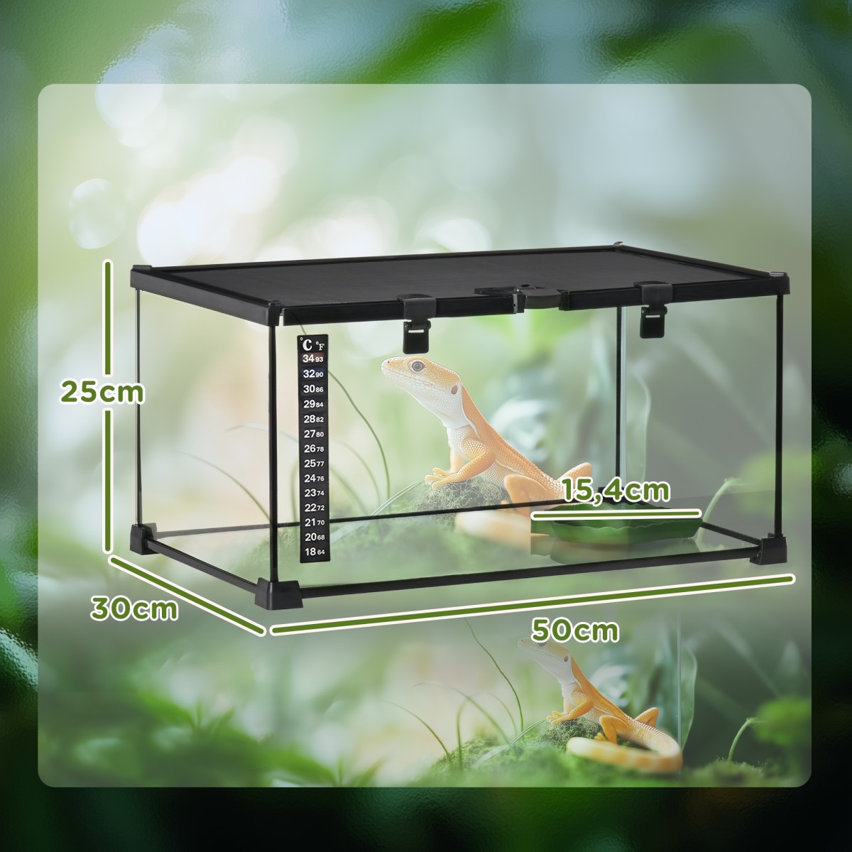 Reptile box terrarium, με θερμόμετρο λωρίδων, πτερύγια τροφοδοσίας, 50 cm x 30 cm x 25 cm, γυαλί + μέταλλο, μαύρο