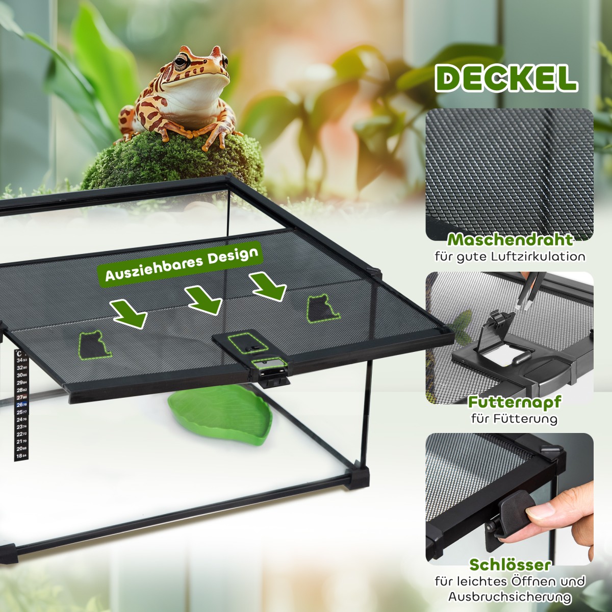 Reptile box terrarium, με θερμόμετρο λωρίδων, πτερύγια τροφοδοσίας, 50 cm x 30 cm x 25 cm, γυαλί + μέταλλο, μαύρο