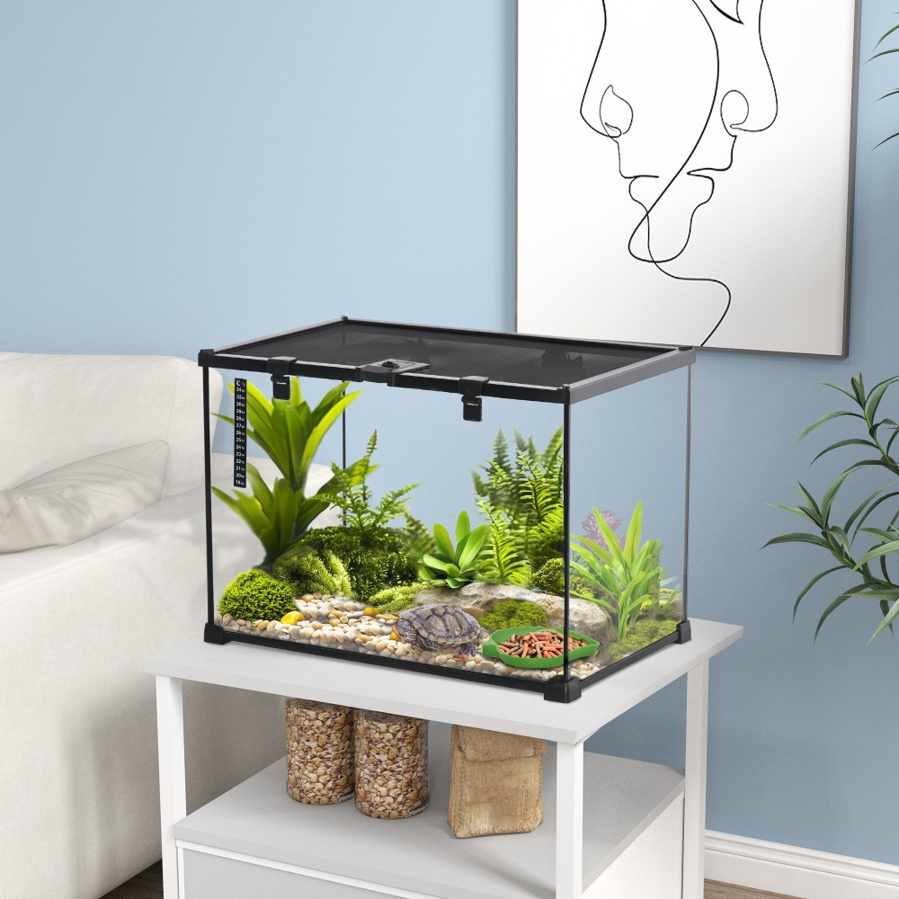Terrarium for Reptiles Reptile Feeding Box Glass Terrarium Amphibians Arachnids with Thermometer Reptile Breeding Box for Snails Amphibians Insects Turtles Black 50 x 30 x 35 cm