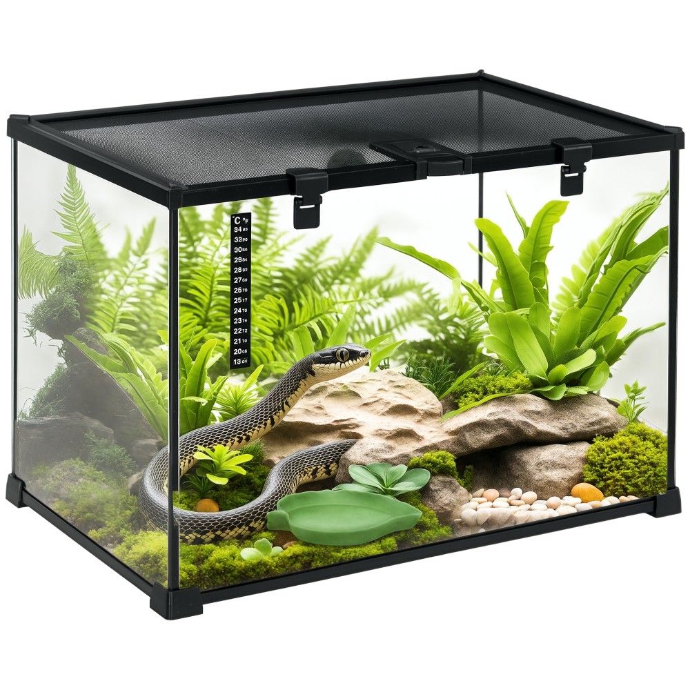 Terrarium for Reptiles Reptile Feeding Box Glass Terrarium Amphibians Arachnids with Thermometer Reptile Breeding Box for Snails Amphibians Insects Turtles Black 50 x 30 x 35 cm