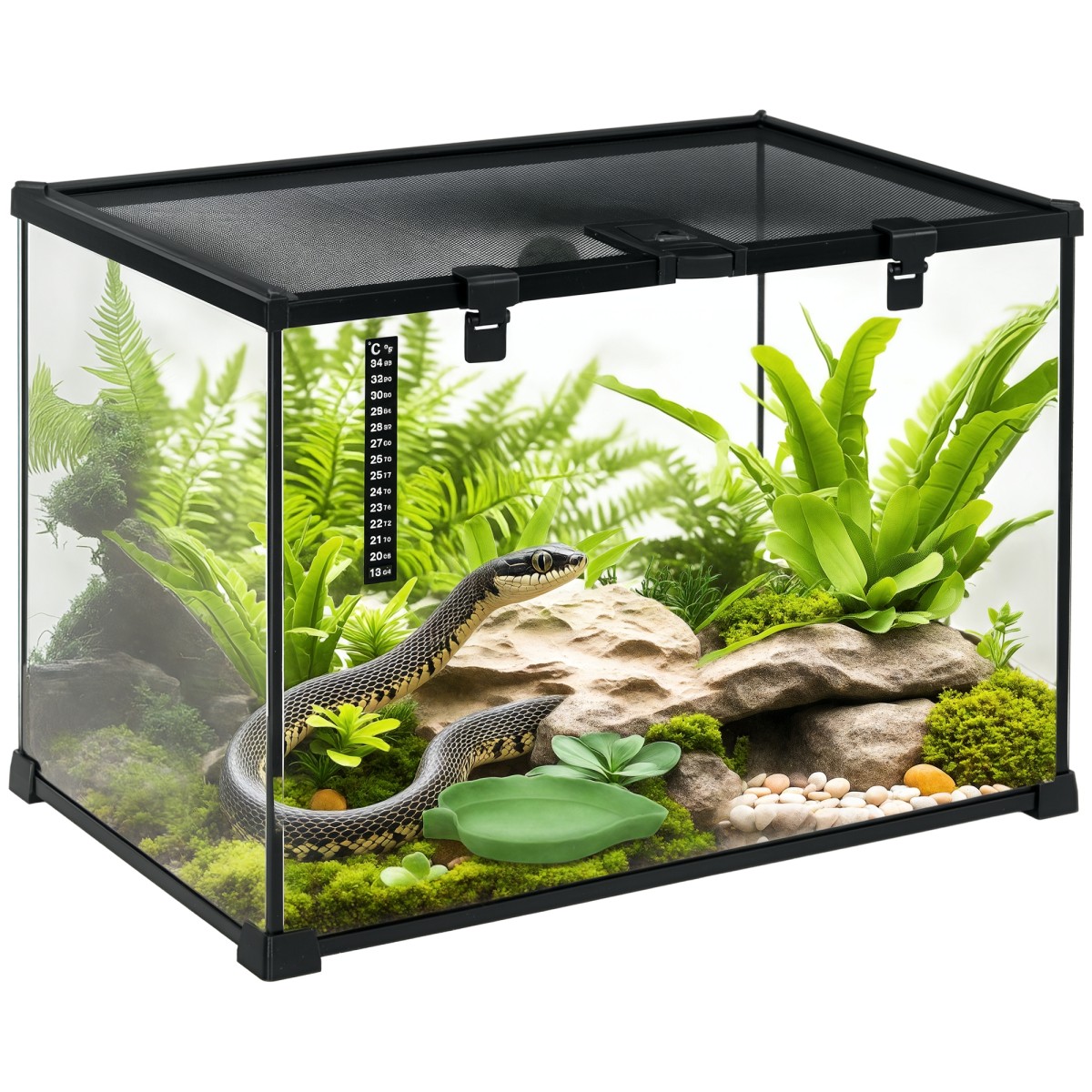 Terrarium for Reptiles Reptile Feeding Box Glass Terrarium Amphibians Arachnids with Thermometer Reptile Breeding Box for Snails Amphibians Insects Turtles Black 50 x 30 x 35 cm
