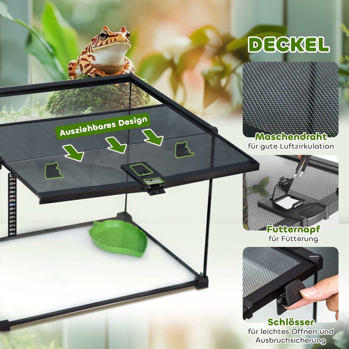 Terrarium for Reptiles Reptile Feeding Box Glass Terrarium Amphibians Arachnids with Thermometer Reptile Breeding Box for Snails Amphibians Insects Turtles Black 50 x 30 x 35 cm