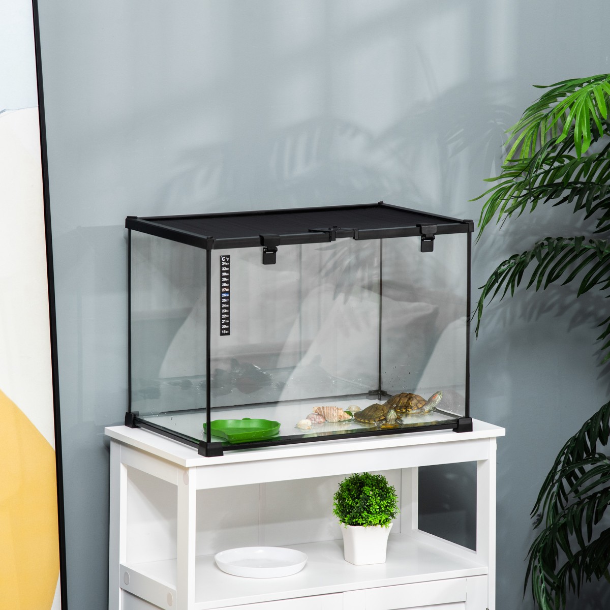 Terrarium for Reptiles Reptile Feeding Box Glass Terrarium Amphibians Arachnids with Thermometer Reptile Breeding Box for Snails Amphibians Insects Turtles Black 50 x 30 x 35 cm