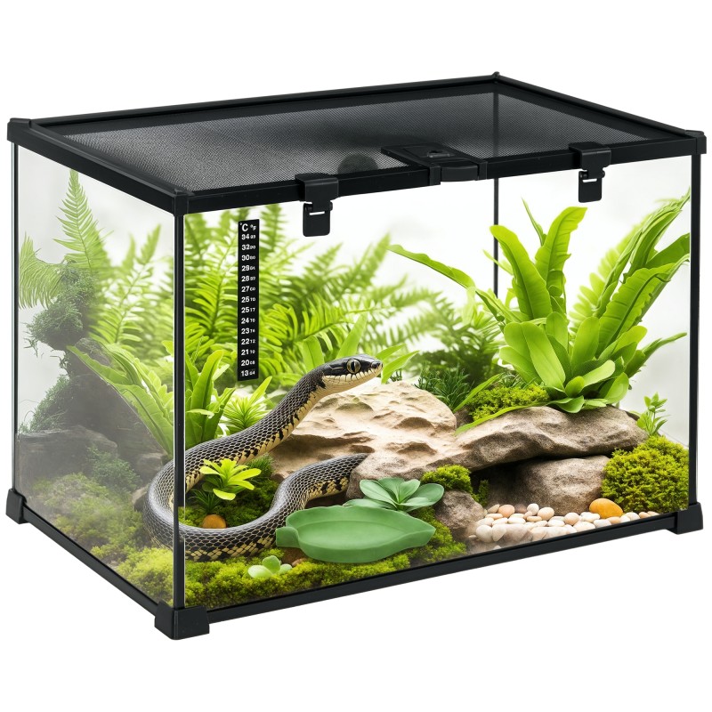 Terrarium for Reptiles Reptile Feeding Box Glass Terrarium Amphibians Arachnids with Thermometer Reptile Breeding Box for Snails Amphibians Insects Turtles Black 50 x 30 x 35 cm