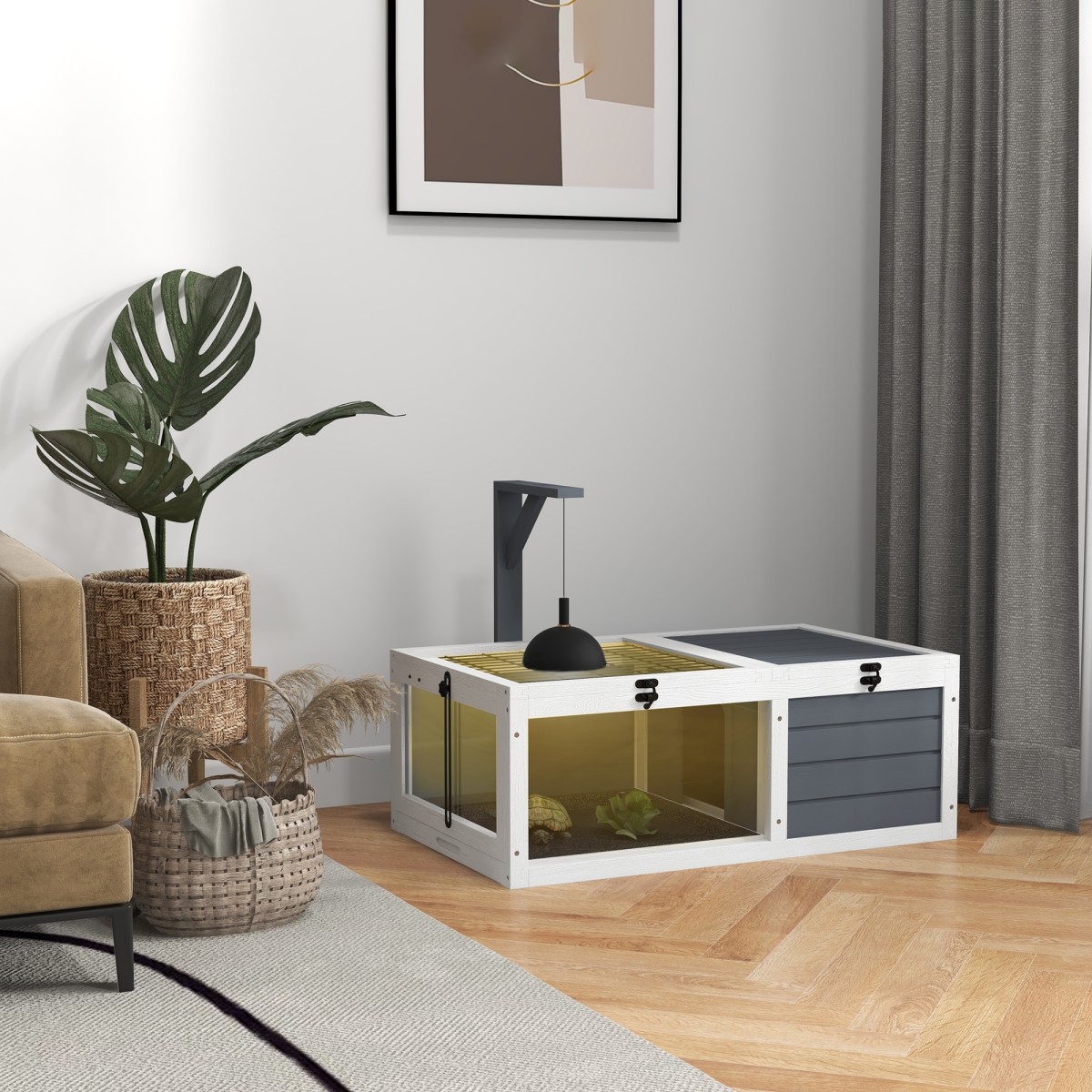 Σπίτι χελώνας, κουτί ερπετών με 2 δωμάτια, καπάκι, πλαστικοί δίσκοι, παράθυρο, ξύλο, γκρι