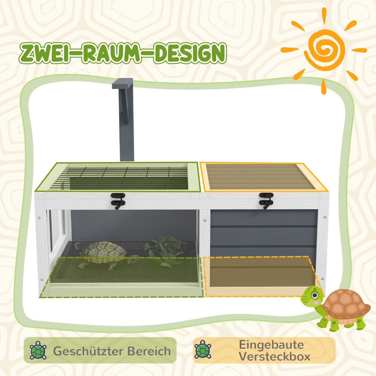 Σπίτι χελώνας, κουτί ερπετών με 2 δωμάτια, καπάκι, πλαστικοί δίσκοι, παράθυρο, ξύλο, γκρι