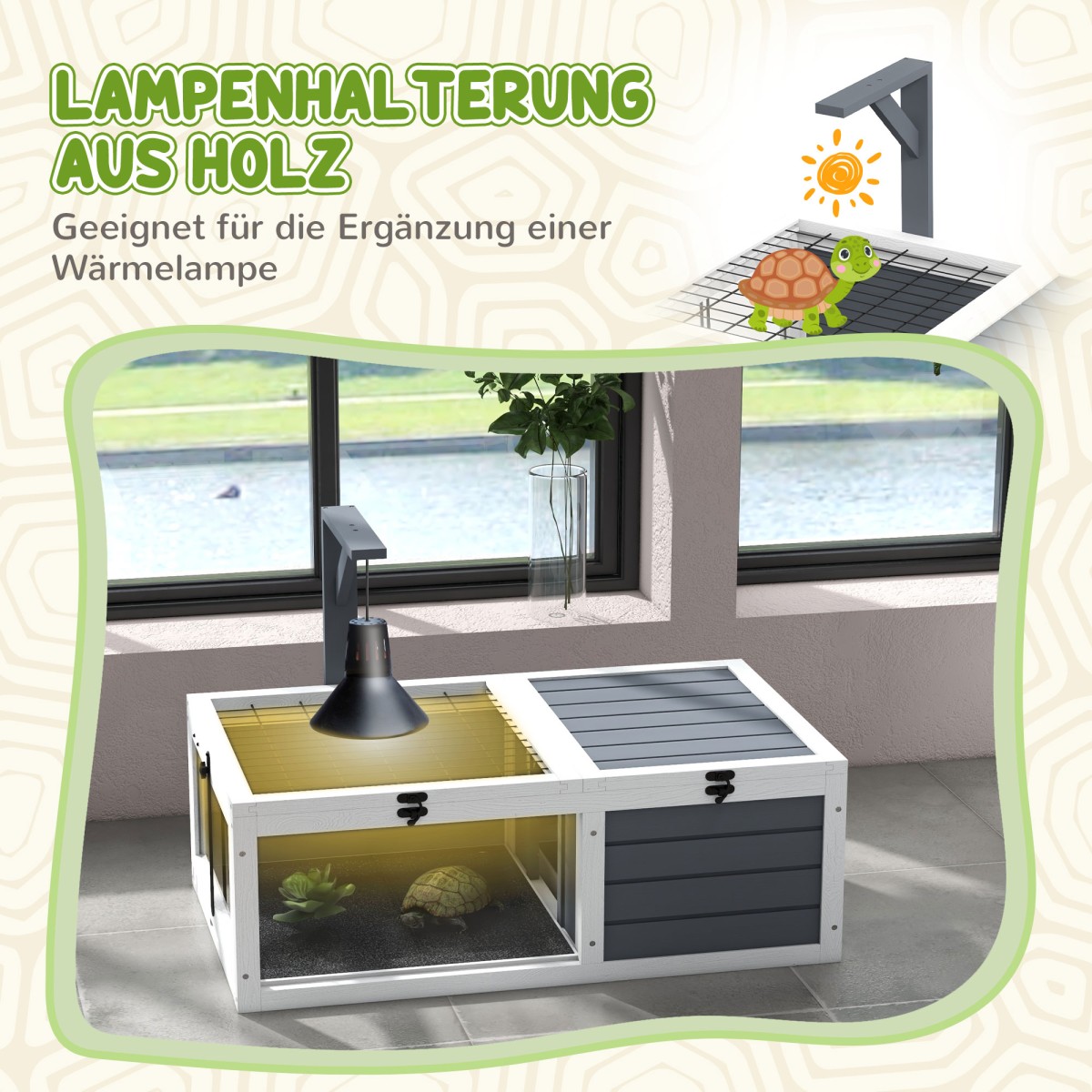 Σπίτι χελώνας, κουτί ερπετών με 2 δωμάτια, καπάκι, πλαστικοί δίσκοι, παράθυρο, ξύλο, γκρι