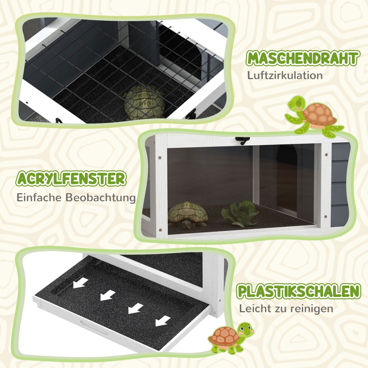 Σπίτι χελώνας, κουτί ερπετών με 2 δωμάτια, καπάκι, πλαστικοί δίσκοι, παράθυρο, ξύλο, γκρι