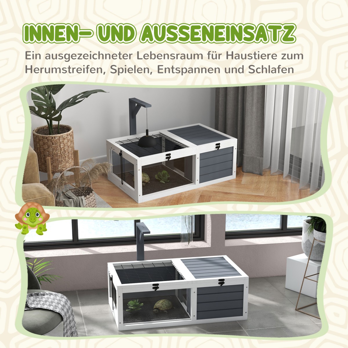 Σπίτι χελώνας, κουτί ερπετών με 2 δωμάτια, καπάκι, πλαστικοί δίσκοι, παράθυρο, ξύλο, γκρι