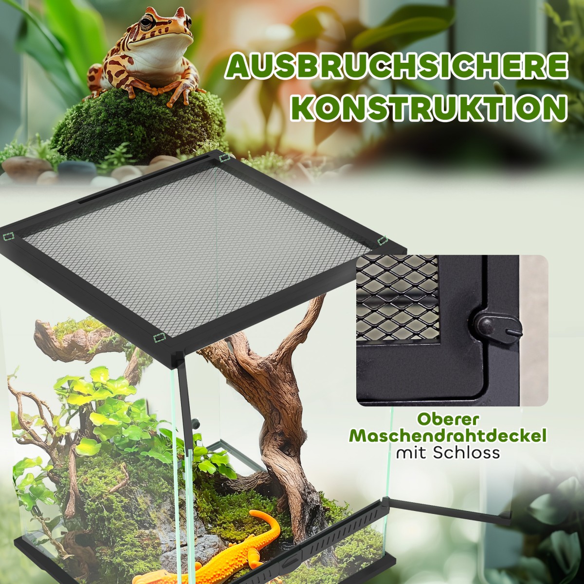 Terrarium, γυάλινο περίβλημα, κλειδαριά, διαχείριση καλωδίων, 45x45x60cm, μαύρο