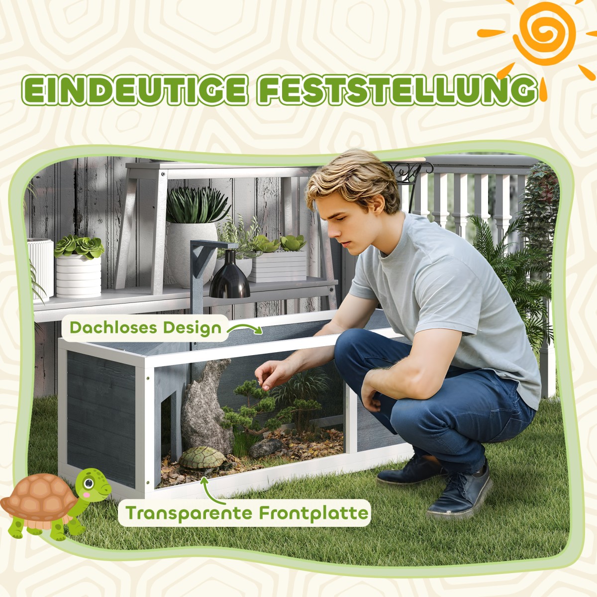 Σπίτι χελώνας με Easy Open Top, Συσκευή φωτιστικού, Διάφανη πρόσοψη, 120 x 50 x 40 cm, Γκρι
