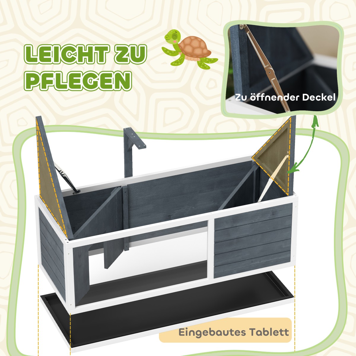 Σπίτι χελώνας με Easy Open Top, Συσκευή φωτιστικού, Διάφανη πρόσοψη, 120 x 50 x 40 cm, Γκρι