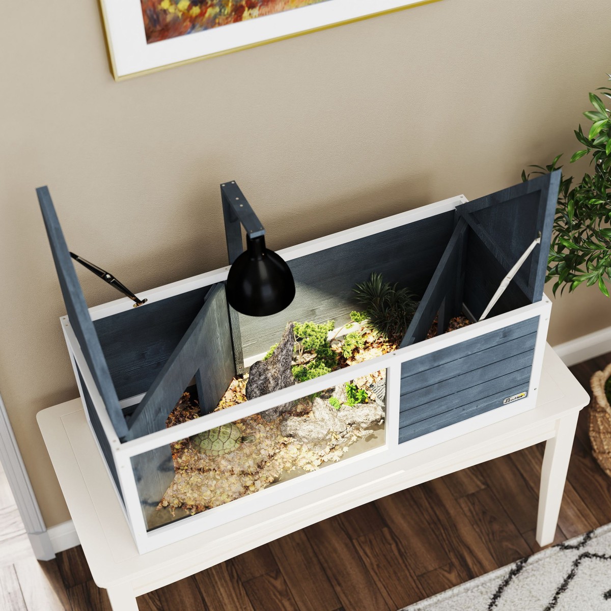 Σπίτι χελώνας με Easy Open Top, Συσκευή φωτιστικού, Διάφανη πρόσοψη, 120 x 50 x 40 cm, Γκρι