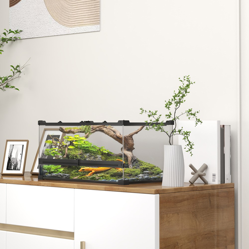 Γυάλινο Terrarium για Ερπετά, Ανυψωμένη & Αδιάβροχη Βάση, Κλειδαριά με Κουμπιά