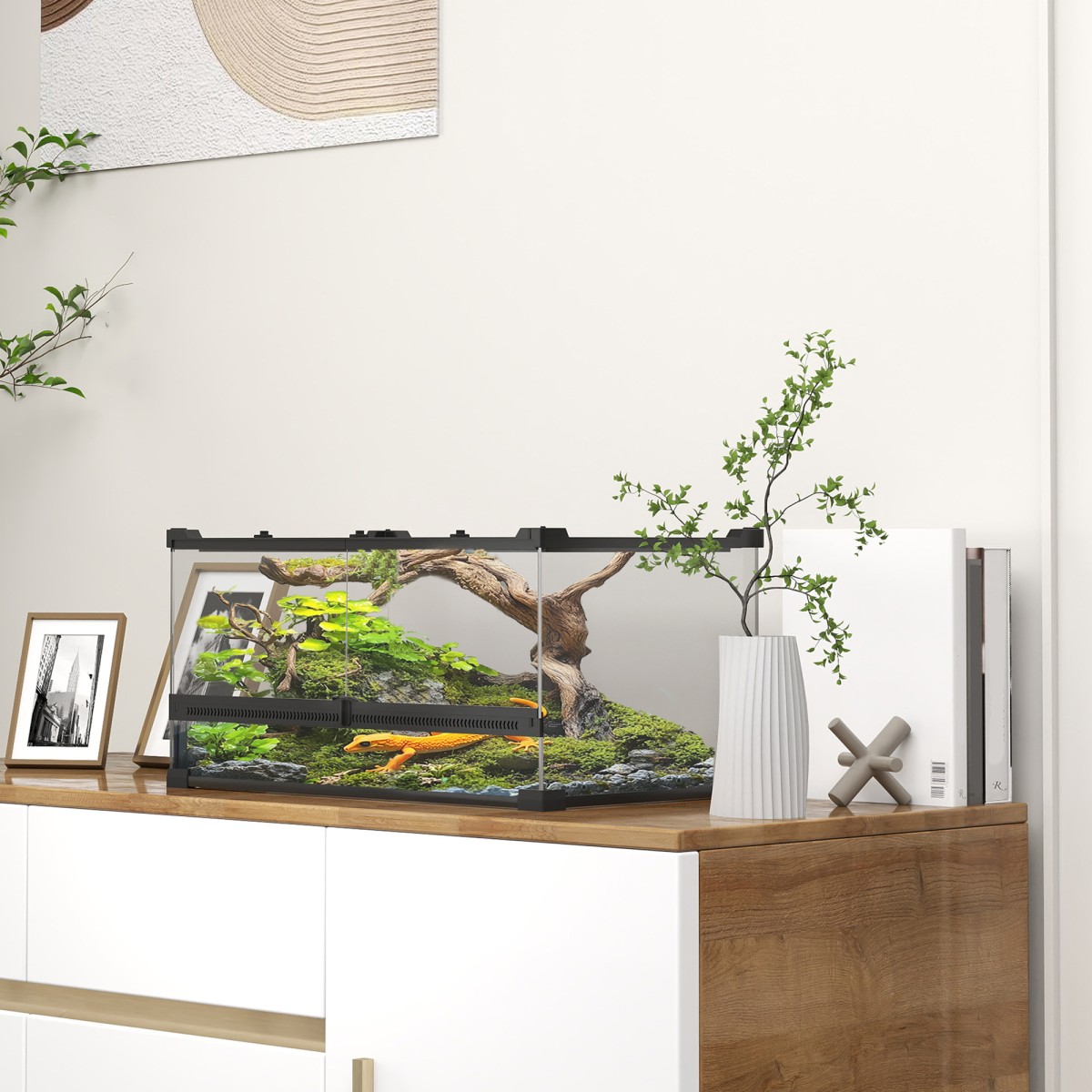Γυάλινο Terrarium για Ερπετά, Ανυψωμένη & Αδιάβροχη Βάση, Κλειδαριά με Κουμπιά