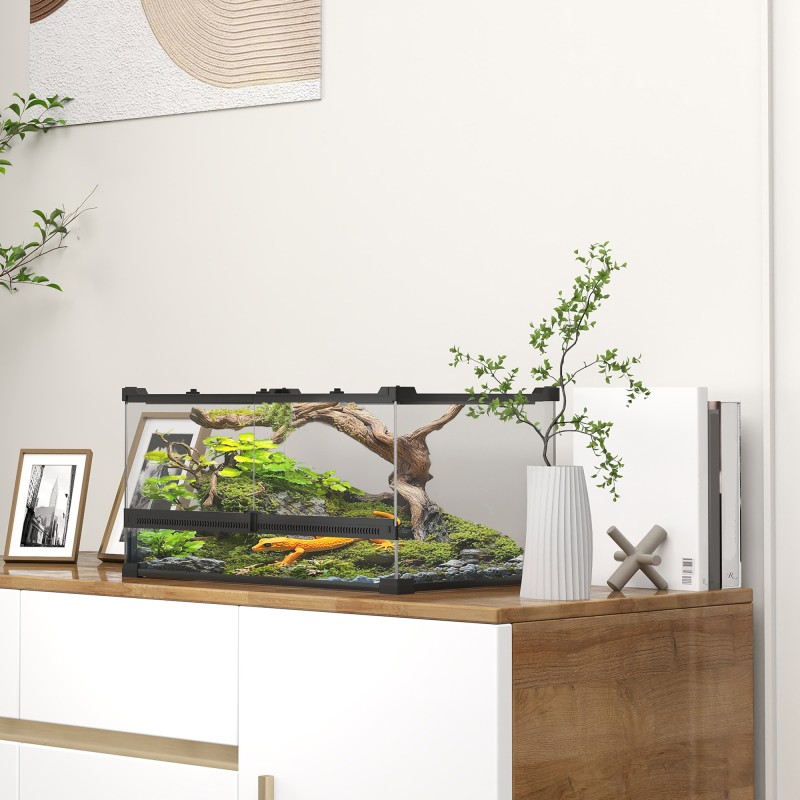 Γυάλινο Terrarium για Ερπετά, Ανυψωμένη & Αδιάβροχη Βάση, Κλειδαριά με Κουμπιά