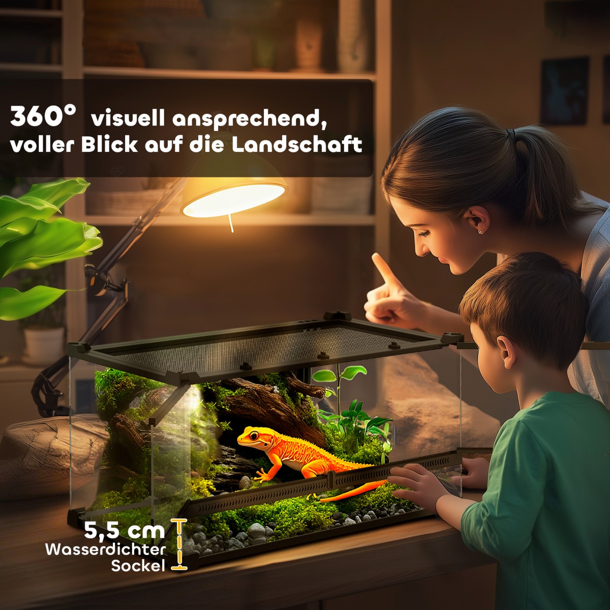 Γυάλινο Terrarium για Ερπετά, Ανυψωμένη & Αδιάβροχη Βάση, Κλειδαριά με Κουμπιά