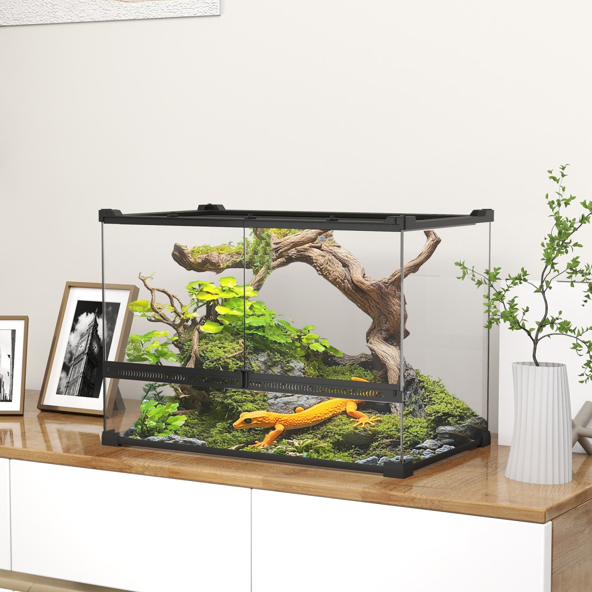 Γυάλινο Terrarium για Ερπετά, Ανυψωμένη & Αδιάβροχη Βάση, Κλειδαριά με Κουμπιά