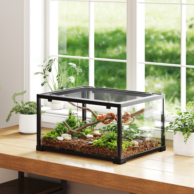 Reptile terrarium, vivarium 86 λίτρων με συρόμενη πόρτα, που κλειδώνει, για σαύρες, έντομα, αράχνες, γκέκο, 60 x 45 x 32 cm, μαύρο