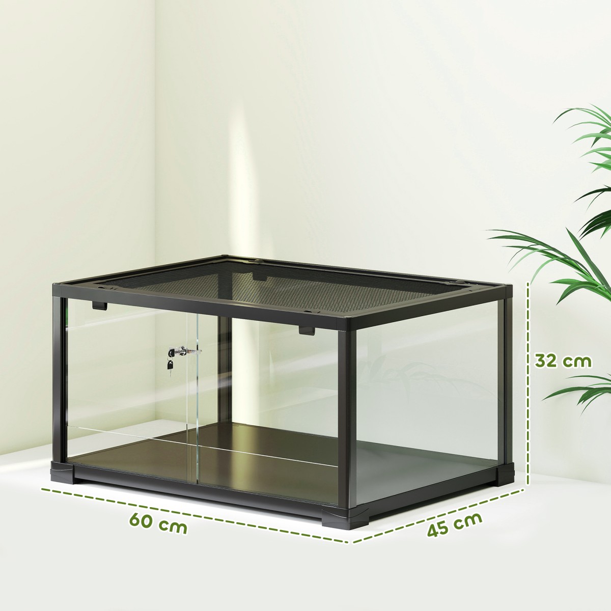 Reptile terrarium, vivarium 86 λίτρων με συρόμενη πόρτα, που κλειδώνει, για σαύρες, έντομα, αράχνες, γκέκο, 60 x 45 x 32 cm, μαύρο