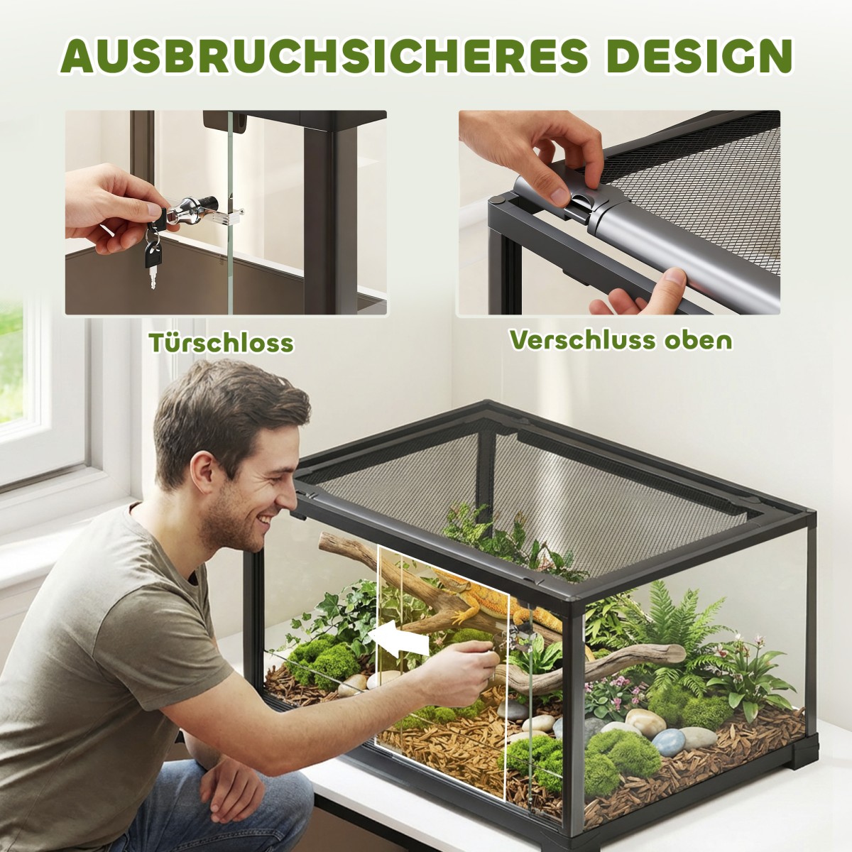 Reptile terrarium, vivarium 86 λίτρων με συρόμενη πόρτα, που κλειδώνει, για σαύρες, έντομα, αράχνες, γκέκο, 60 x 45 x 32 cm, μαύρο