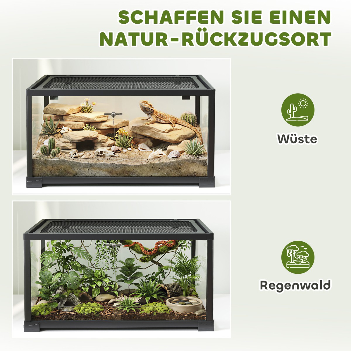 Reptile terrarium, vivarium 86 λίτρων με συρόμενη πόρτα, που κλειδώνει, για σαύρες, έντομα, αράχνες, γκέκο, 60 x 45 x 32 cm, μαύρο