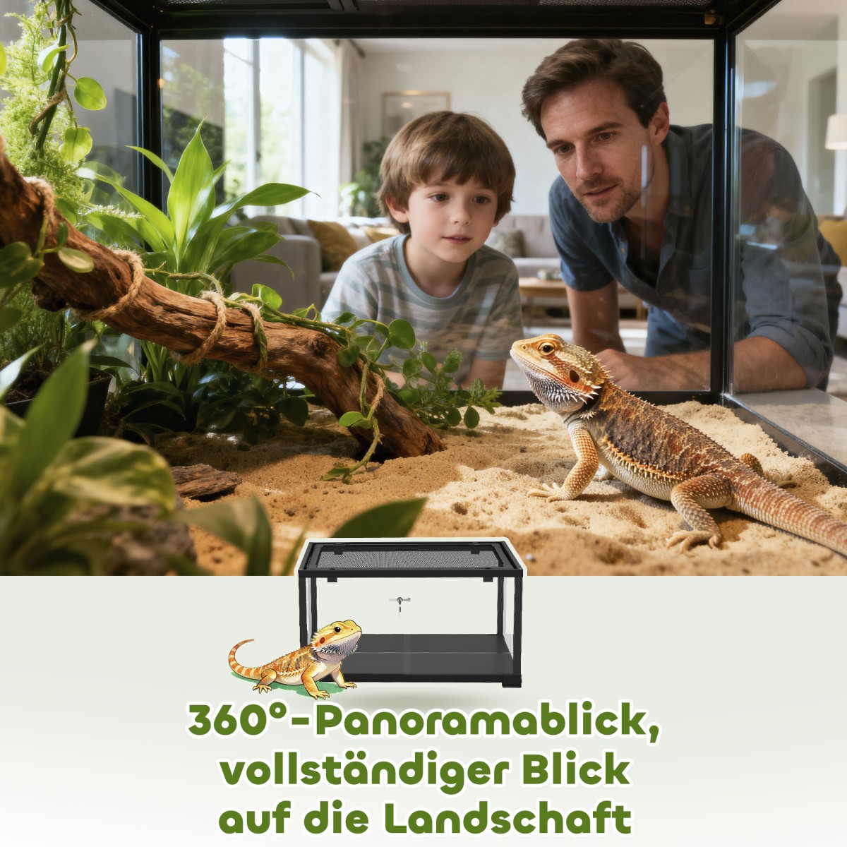 Reptile terrarium, vivarium 86 λίτρων με συρόμενη πόρτα, που κλειδώνει, για σαύρες, έντομα, αράχνες, γκέκο, 60 x 45 x 32 cm, μαύρο