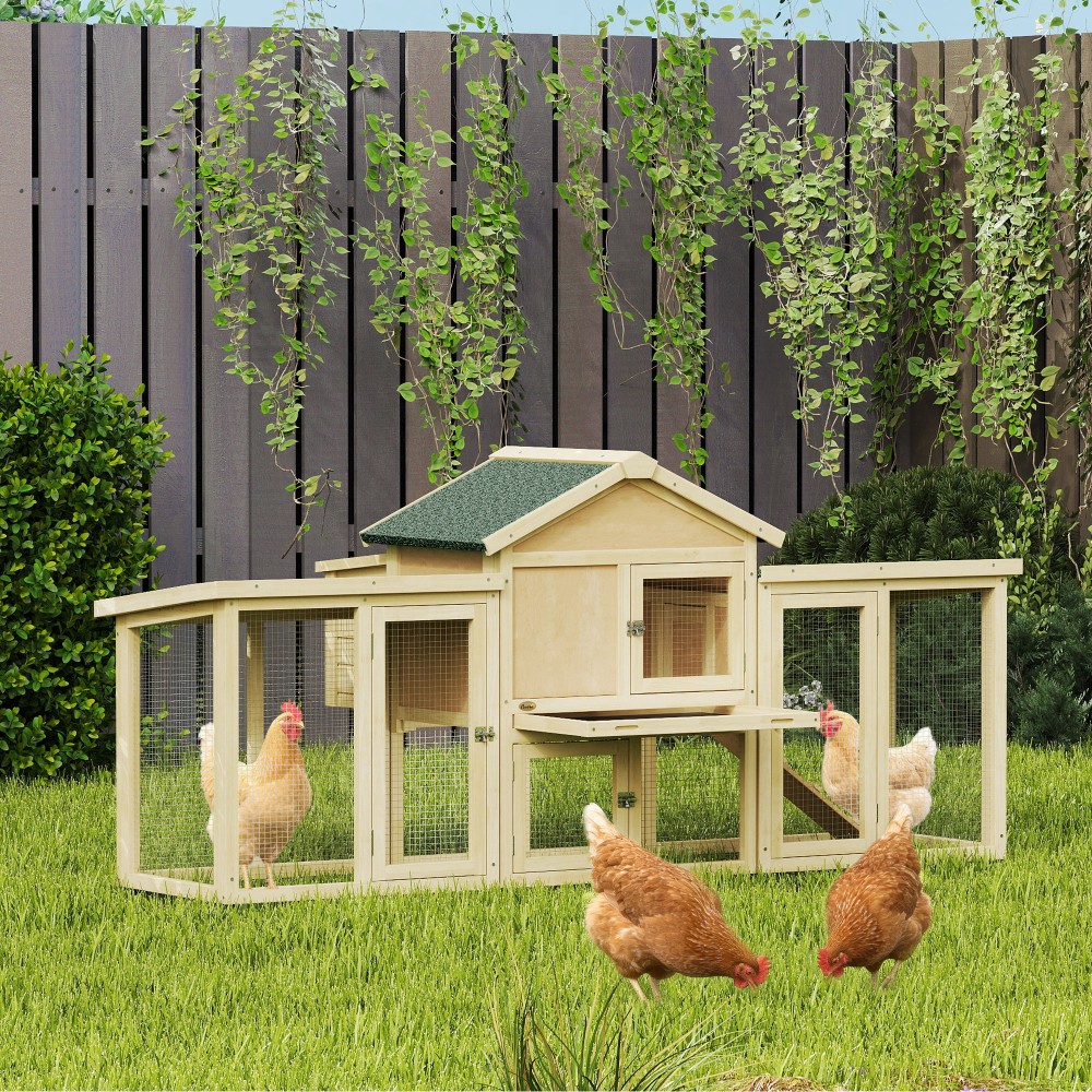 Κοτέτσι κοτέτσι ξύλινο κοτόπουλο με κουτί φωλιάς, αδιάβροχη οροφή, πέρκα, τρέξιμο, ράμπα, 204x85x93 cm φυσικό ξύλο