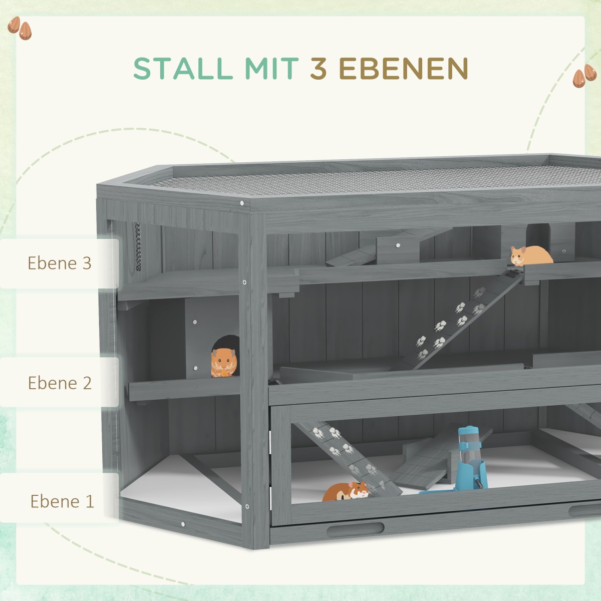 Κλουβί χάμστερ, 3 επιπέδων, αφαιρούμενος δίσκος, ξύλο/μέταλλο, 115x60x55 cm