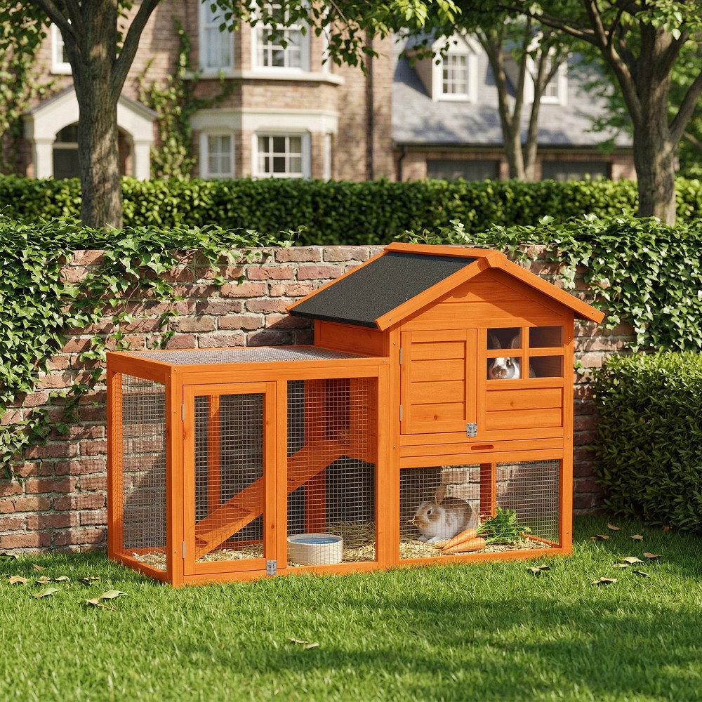 Rabbit Hutch 2 Tier Rabbit Hutch με αδιάβροχη ασφαλτική οροφή Outdoor Run Ramp Doors Wood 123,5x62,6x92,5 cm Πορτοκαλί