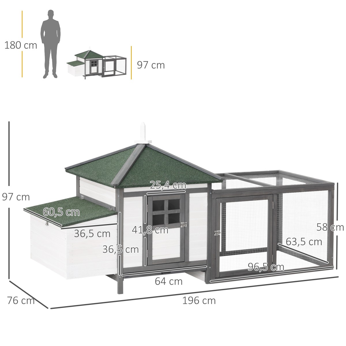 Κοτέτσι για κοτόπουλα κοτόπουλα 196 x 76 x 97 cm ανθεκτικό στις καιρικές συνθήκες κοτέτσι με κουτί φωλιάσματος, πέρκα ελεύθερης βοσκής, μικρό ξύλινο κοτέτσι ζώων για 1-2 κοτόπουλα, γκρι