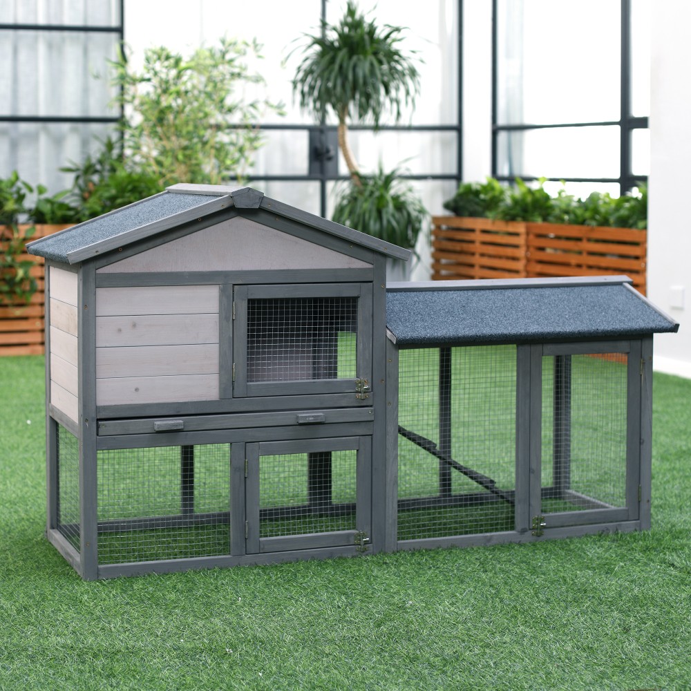 Κούβλα κουνελιών Κουνέλια από ξύλο 147 x 54 x 84 cm κλουβί κουνελιών με αδιάβροχη οροφή πίσσας, εξωτερικό περίβλημα, ράμπα, πόρτες που κλειδώνουν, κλουβί κουνελιών για νάνους κουνέλια εξωτερικού χώρου σκούρο γκρι