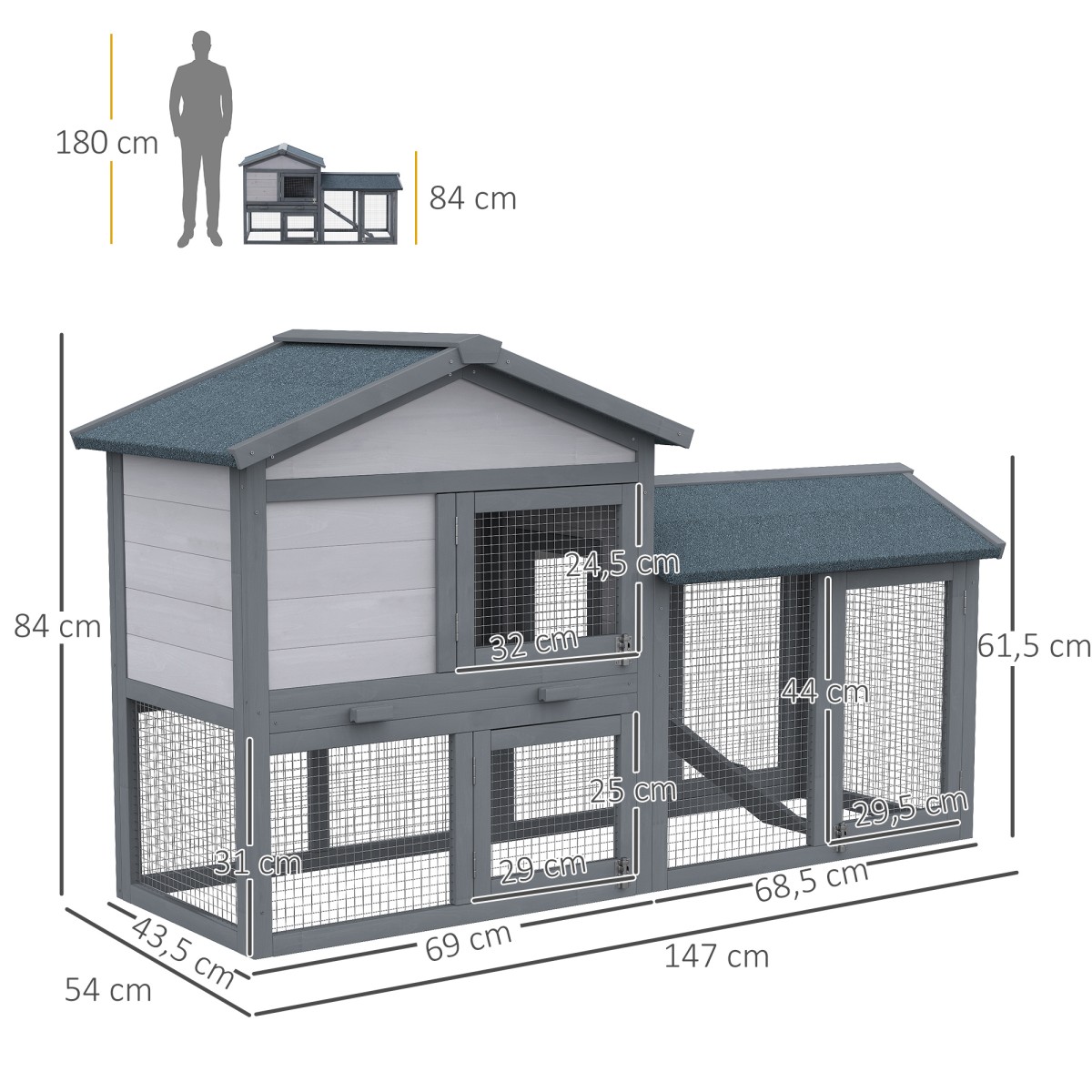 Κούβλα κουνελιών Κουνέλια από ξύλο 147 x 54 x 84 cm κλουβί κουνελιών με αδιάβροχη οροφή πίσσας, εξωτερικό περίβλημα, ράμπα, πόρτες που κλειδώνουν, κλουβί κουνελιών για νάνους κουνέλια εξωτερικού χώρου σκούρο γκρι