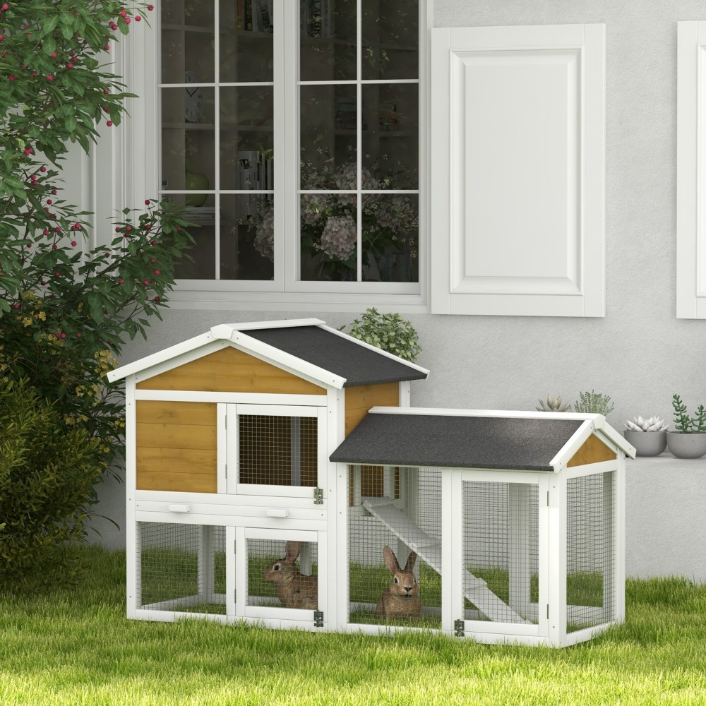 Rabbit Hutch 2 Tier Rabbit Hutch Ξύλινο κλουβί για κουνέλι με ασφαλτική στέγη Free Run Run Ramp Doors 147x54x84 cm Κίτρινο