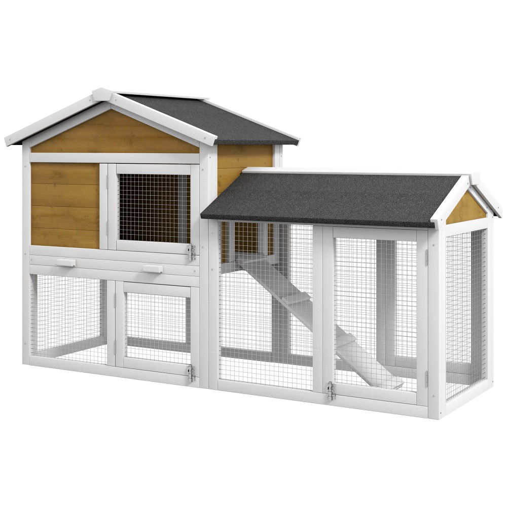 Rabbit Hutch 2 Tier Rabbit Hutch Ξύλινο κλουβί για κουνέλι με ασφαλτική στέγη Free Run Run Ramp Doors 147x54x84 cm Κίτρινο