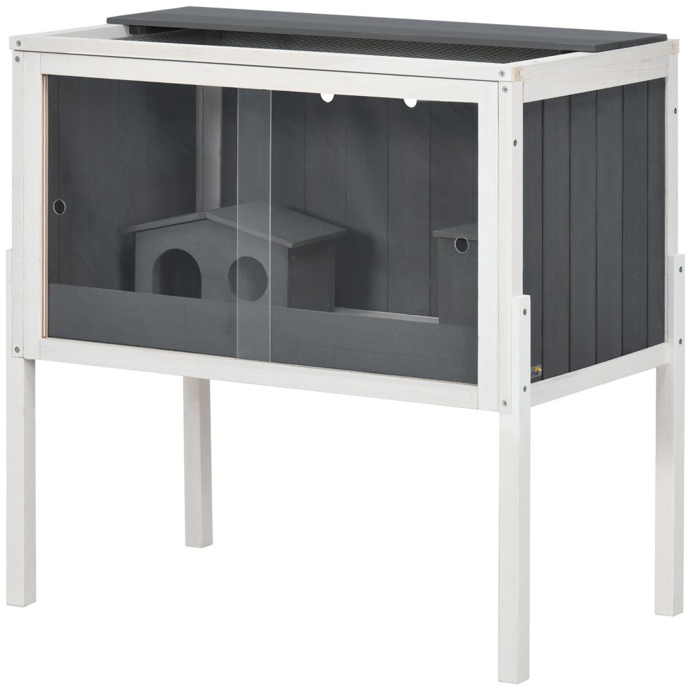 Κλουβί χάμστερ, 3000 cm² Κλουβί για χάμστερ Νάνος από ξύλο και μέταλλο, με 2 καλύβες, ακρυλικές συρόμενες πόρτες, στάβλος, χρηματοκιβώτιο, γκρι+λευκό