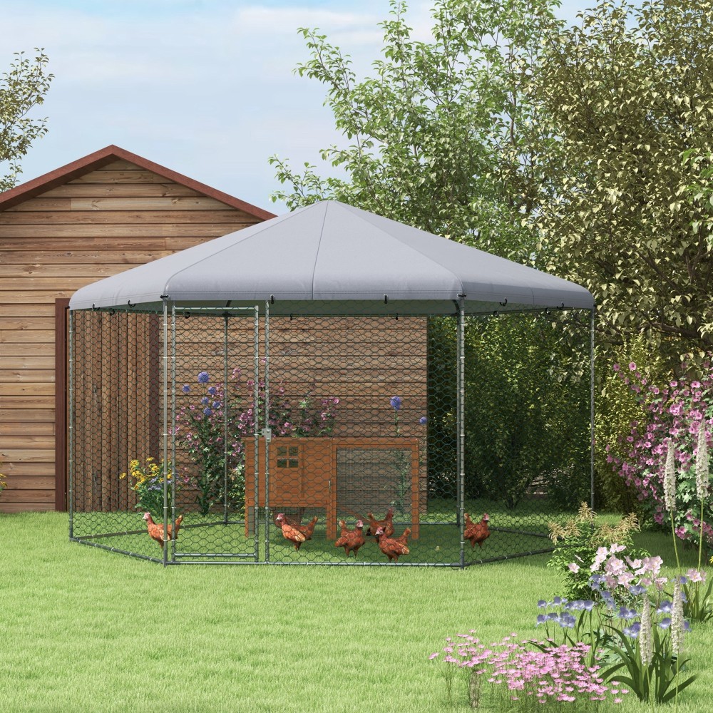 Περίβλημα κοτόπουλου με σκιερή οροφή, γαλβανισμένο ατσάλι, για 10-15 ζώα, ασημί