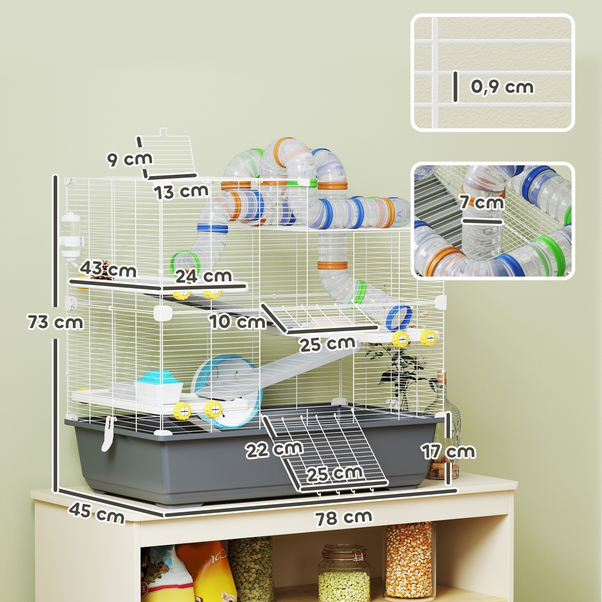 Dwarf Hamster Cage 4 Levels Tunnel System Hut Accessories Top Opening 78 x 45 x 73 cm Γκρι