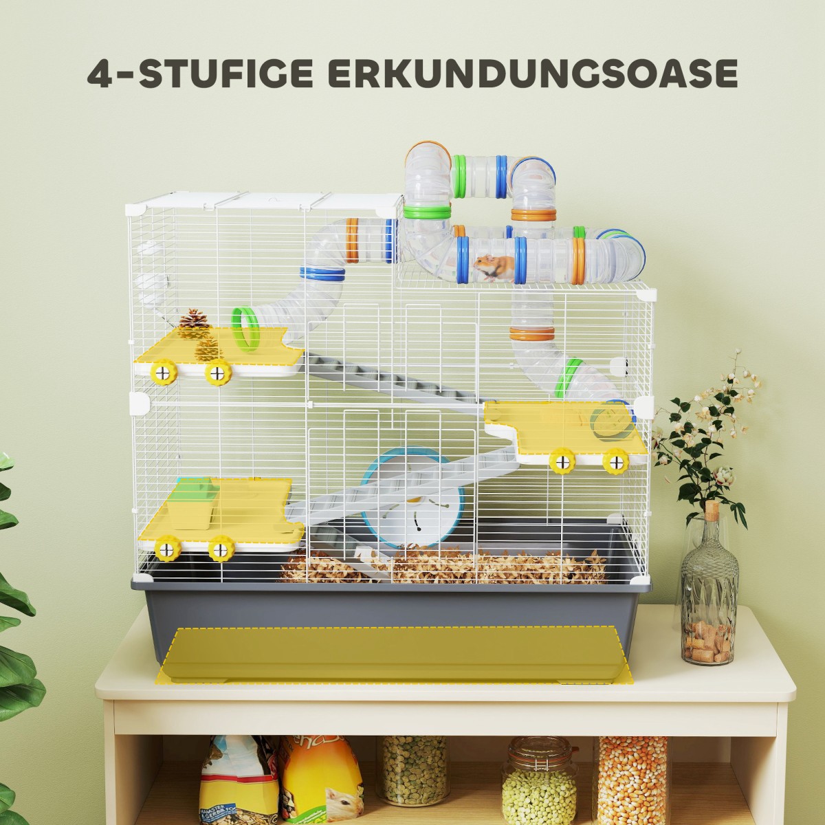 Dwarf Hamster Cage 4 Levels Tunnel System Hut Accessories Top Opening 78 x 45 x 73 cm Γκρι