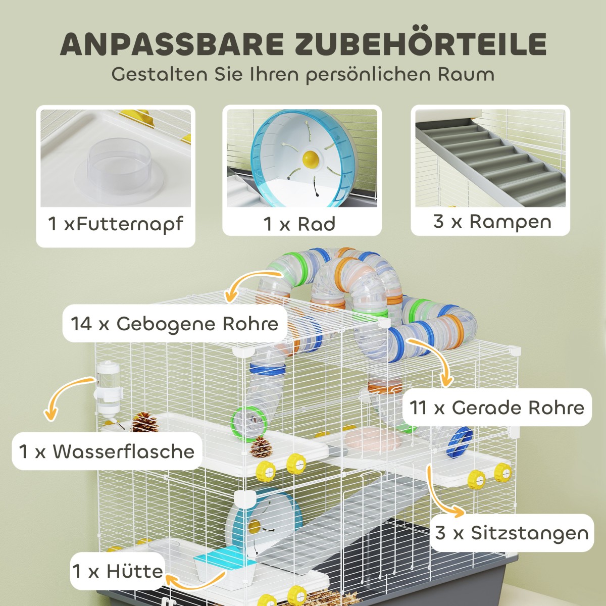 Dwarf Hamster Cage 4 Levels Tunnel System Hut Accessories Top Opening 78 x 45 x 73 cm Γκρι