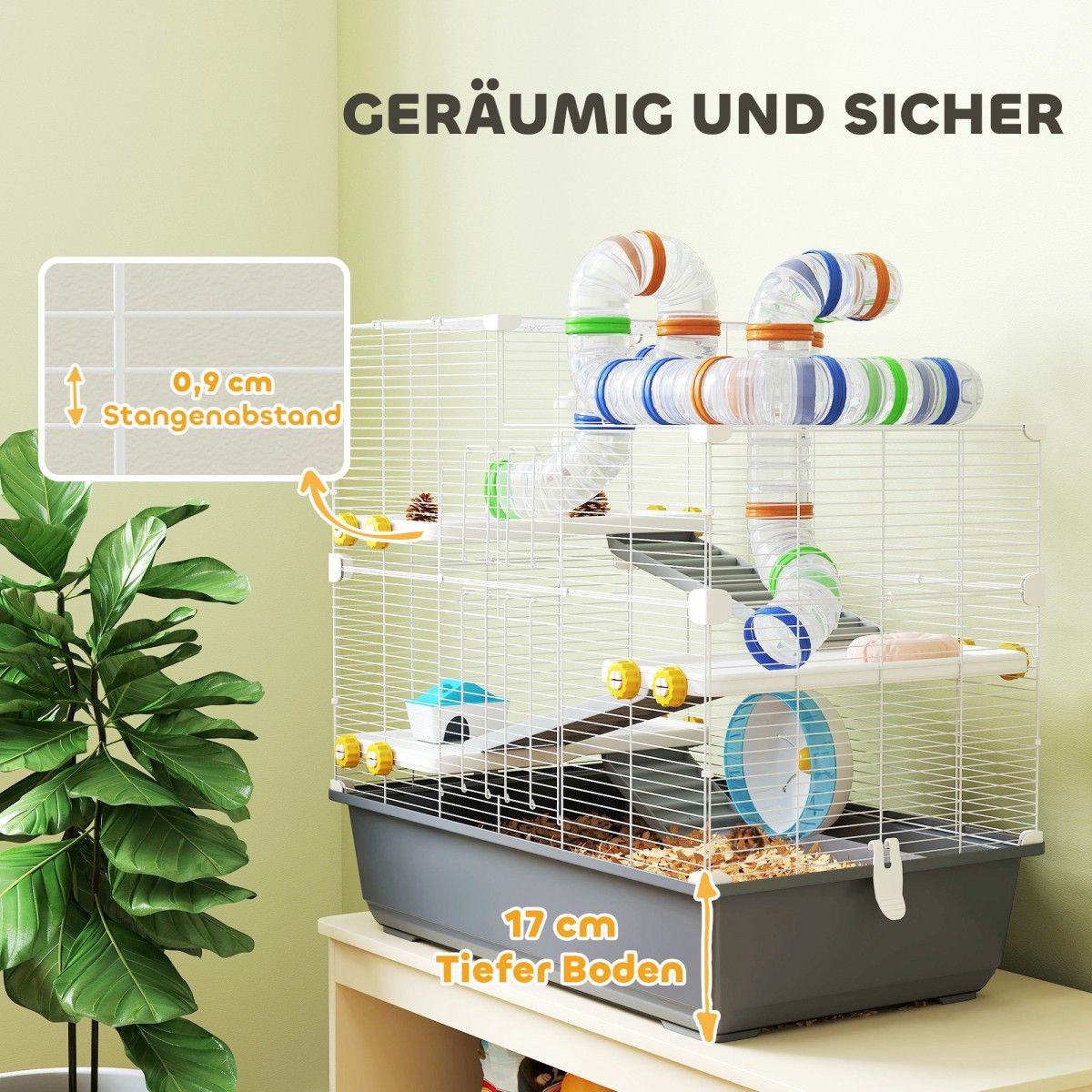 Dwarf Hamster Cage 4 Levels Tunnel System Hut Accessories Top Opening 78 x 45 x 73 cm Γκρι